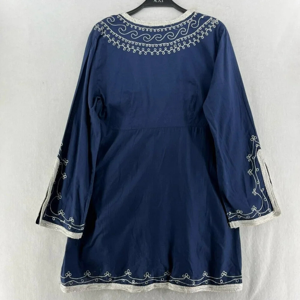 Adrienne Vittadini Dress Tunic M Blue Embroidered V Neck Flare Hem Unlined Boho - Picture 2 of 13